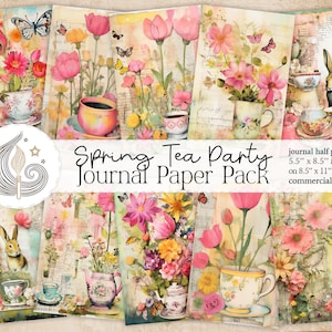 Spring Tea Party Journal Kit | Vintage Florals Teacups | Shabby Chic Journal Pages | Craft Paper Pack | Scrapbooking | Card Making