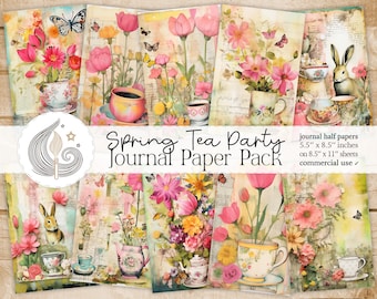 Spring Tea Party Junk Journal Pages: Floral Papers with Teacups, Bunnies, and Pastel Gardens