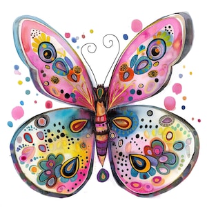 Puede incluir: Ilustraci&oacute;n acuarela de una mariposa con patrones detallados. Las alas muestran tonos rosas, azules, amarillos y naranjas. La obra est&aacute; sobre un fondo blanco con salpicaduras de pintura rosa y amarilla.