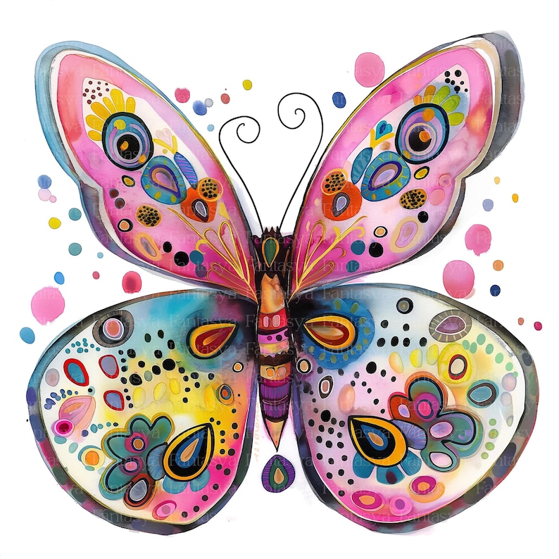 Puede incluir: Ilustraci&oacute;n acuarela de una mariposa con patrones detallados. Las alas muestran tonos rosas, azules, amarillos y naranjas. La obra est&aacute; sobre un fondo blanco con salpicaduras de pintura rosa y amarilla.