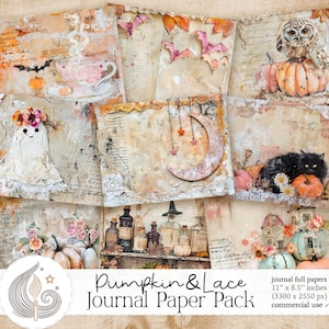 Shabby Chic Halloween Junk Journal Papers | Vintage Shabby Chic Owl Black Cat Pumpkin Lace Pages | Printable Scrapbook Kit | Crafts | Diy