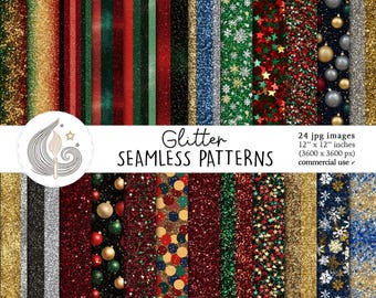 Glitter Seamless Patterns: Christmas Digital Paper Pack With Red Green ...
