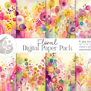 May include: A digital paper pack with eight watercolor floral patterns. Each pattern features a variety of colorful flowers and dots on a white background. The pack includes 12-inch by 12-inch images, perfect for digital scrapbooking, card making, and other creative projects.