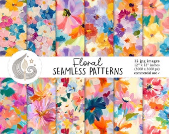 Floral Seamless Patterns: Abstract Watercolor Flower Digital Paper Pack with Bright Pastel Hues