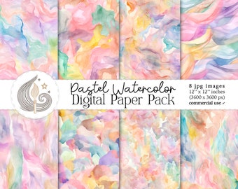 Pastel Watercolor Digital Paper Pack: Soft Abstract Backgrounds in Light Rainbow Shades