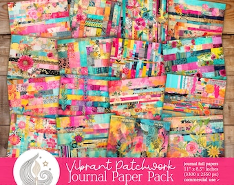 Vibrant Patchwork Junk Journal Papers: Colorful Textile Backgrounds with Artistic Mixed Layers