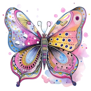 Puede incluir: Ilustraci&oacute;n acuarela de una mariposa con patrones intrincados. La mariposa presenta tonos de rosa, azul, amarillo y naranja, con detalles lineales. Las alas tienen una variedad de formas y dise&ntilde;os, creando una sensaci&oacute;n caprichosa y art&iacute;stica.