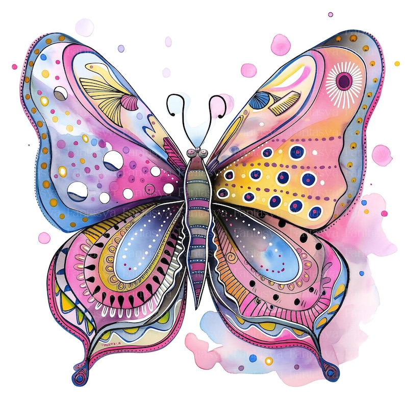 Puede incluir: Ilustraci&oacute;n acuarela de una mariposa con patrones intrincados. La mariposa presenta tonos de rosa, azul, amarillo y naranja, con detalles lineales. Las alas tienen una variedad de formas y dise&ntilde;os, creando una sensaci&oacute;n caprichosa y art&iacute;stica.