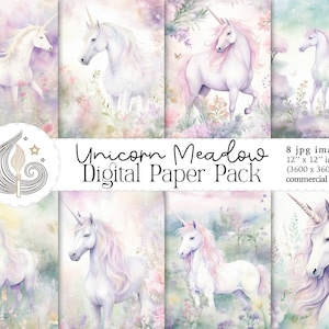 Einhorn Digital Paper Pack | Kommerzielle Nutzung | Fantasie Aquarell Pastell Einhorn Wiese | Scrapbooking Papier | Junk Journal | Basteln