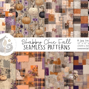 Pode incluir: Uma coleção de oito padrões sem costura com o tema Shabby Chic Outono. Os padrões apresentam abóboras, elementos florais e designs de patchwork em tons de laranja, roxo e castanho. Cada imagem mede 30,48 cm x 30,48 cm.