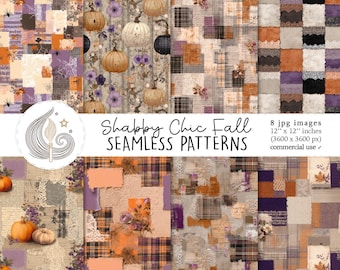 Shabby chic höst sömlösa mönster: Halloween lapptäcke digitalt papperspaket i orange och lila
