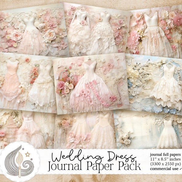 Wedding Dress Junk Journal Paper Pack | Vintage Shabby Chic Rose Lace Dresses | Scrapbook Paper | Crafts | Diy | Wedding Gifts