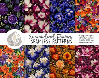 Embroidered Flowers Seamless Patterns: Vibrant Floral Digital Paper Pack with Colorful Stitched Textures