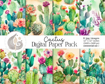 Cactus Digital Paper Pack | Watercolor Cactus Backgrounds | Boho Scrapbook Paper | Digital Background | Commercial Use