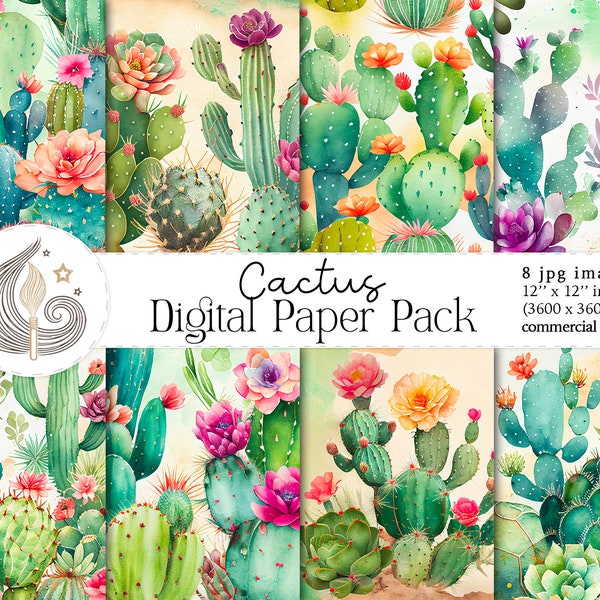 Cactus Digital Paper Pack | Watercolor Cactus Backgrounds | Boho Scrapbook Paper | Digital Background | Commercial Use