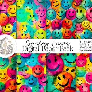 Happy Face Pattern | Commercial Use | Digital Paper | Retro Smiley Faces | Hippie Backgrounds | Watercolor | Scrapbook Paper