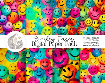 Smiley Faces Digital Paper Pack: Colorful Retro Pop Backgrounds