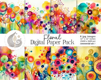 Floral Digital Paper Pack: Abstract Watercolor Flowers in Warm and Bright Colors