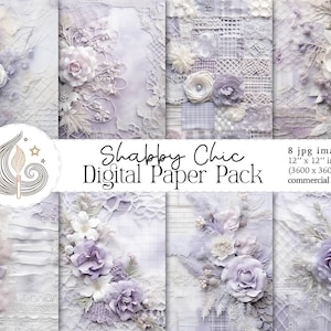 Può includere: Otto immagini di carta digitale a tema Shabby Chic. Ogni immagine presenta motivi floreali e pizzi in una palette di colori pastello. Le immagini misurano 30,48 cm x 30,48 cm e sono adatte per uso commerciale.