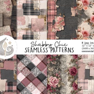 May include: A collection of eight digital seamless patterns in a shabby chic style. The designs feature floral, plaid, and textured elements in shades of pink, gray, and brown. Each image is 12" x 12" inches.