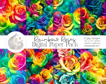 Rainbow Roses Digital Paper Pack: Colorful Watercolor Floral ...