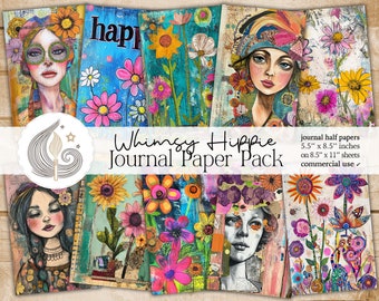 May include: Whimsy Hippie Journal Paper Pack, a set of six digital papers featuring colorful illustrations of flowers, women with floral headbands, and the word "happy". Each paper is 5.5 inches by 8.5 inches and is designed for commercial use.