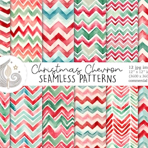 Jul Chevron Seamless Patterns: Akvarell randigt julpapperspaket i rött och grönt