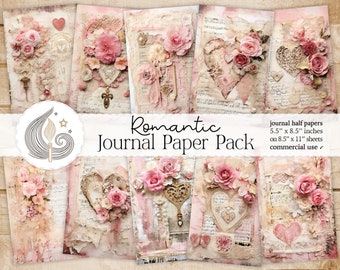 Diario basura romántico / Páginas elegantes de diario basura / Kit de papel imprimible / Vintage Shabby Chic Pink Roses Hearts Lace / Paper Crafts