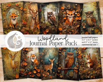 May include: A set of eight woodland themed journal papers featuring various animals such as foxes, owls, deer, and squirrels. The papers are 5.5 inches by 8.5 inches and are printed on 8.5 inches by 11 inches sheets. The papers are for commercial use.