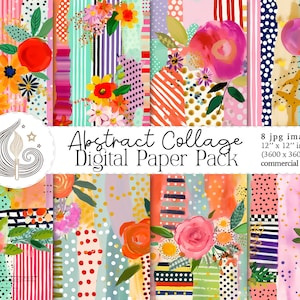 Carta digitale per collage astratto / Uso commerciale / Carta per album / Arte multimediale / Sfondo / Pois / Strisce / Fiori