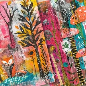 Op de afbeelding: Een kleurrijk abstract schilderij met een vos, bomen en paddenstoelen. Het schilderij is gemaakt in een mixed media-stijl met acrylverf, collage en andere materialen. De kleuren zijn helder en levendig, en het algehele effect is grillig en speels.