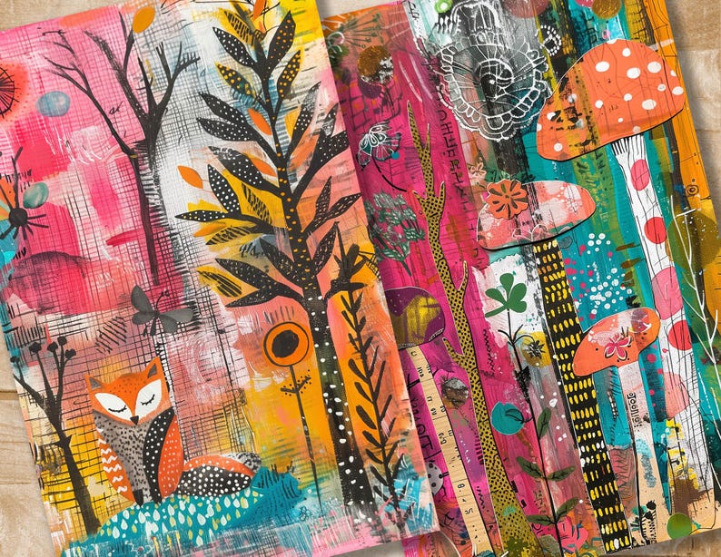 Op de afbeelding: Een kleurrijk abstract schilderij met een vos, bomen en paddenstoelen. Het schilderij is gemaakt in een mixed media-stijl met acrylverf, collage en andere materialen. De kleuren zijn helder en levendig, en het algehele effect is grillig en speels.