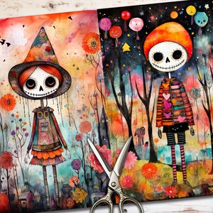 May include: Two watercolor illustrations of skeleton figures with colorful clothing and accessories. The figure on the left is a female skeleton wearing a witch's hat and a colorful dress. The figure on the right is a male skeleton wearing a red and orange hat and a striped jacket with hearts. Both figures are surrounded by colorful flowers and trees.