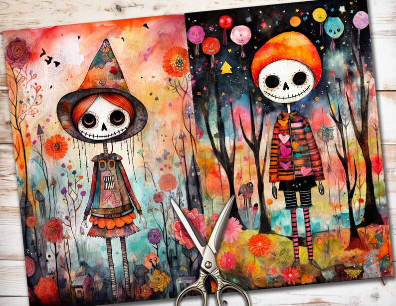 May include: Two watercolor illustrations of skeleton figures with colorful clothing and accessories. The figure on the left is a female skeleton wearing a witch's hat and a colorful dress. The figure on the right is a male skeleton wearing a red and orange hat and a striped jacket with hearts. Both figures are surrounded by colorful flowers and trees.