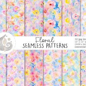シームレスな花柄 | 商用利用 | シームレスな花柄デジタルペーパー | 水彩パステルカラーの花 | スクラップブック用紙