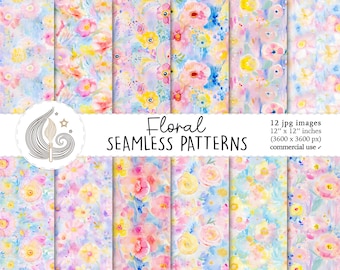 Floral Seamless Patterns: Pastel Watercolor Flower Digital Paper Pack