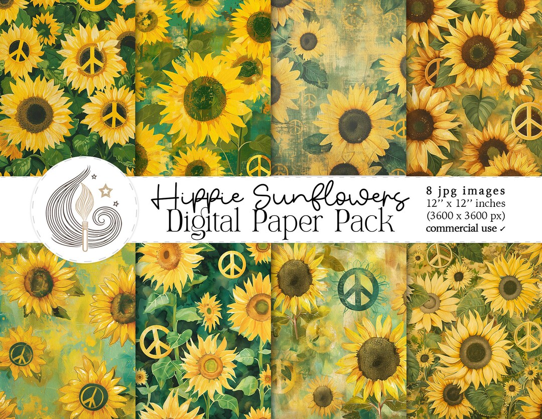 Hippie Sunflowers Digital Paper Pack: Retro Floral Watercolor ...