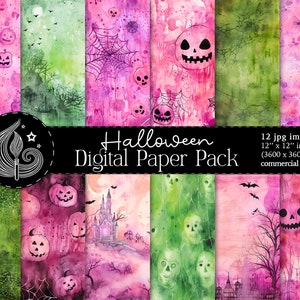 Papier numérique Halloween | Motifs aquarelle | Papier de scrapbooking Halloween | Rose | Vert | Téléchargement instantané | Utilisation commerciale