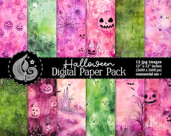 Halloween Digital Paper Pack: Spooky Watercolor Backgrounds with Pumpkins & Ghosts