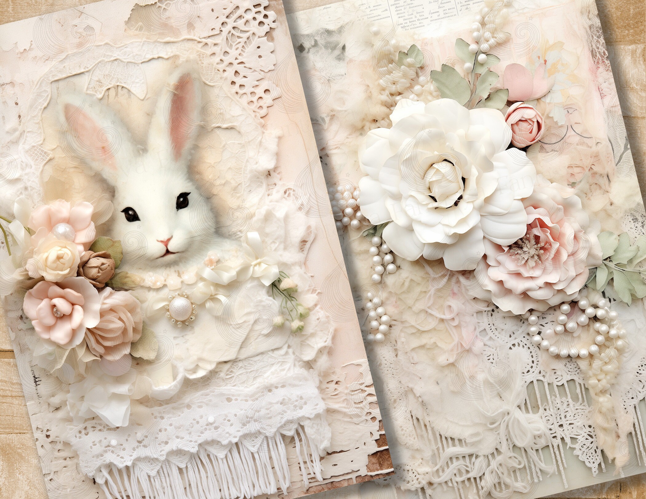 Shabby Chic Bunny Junk Journal Pages: Soft Vintage Papers With Lace and ...