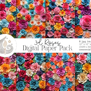 3D-rozen digitaal papier | 3D Bloemen Digitaal Papier | 3D-rozenpatroon | Digitale download | Plakboekpapier | Knutselen | Commercieel gebruik