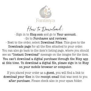 May include: A white text graphic on a light brown background with a stylized floral design in the upper left corner. The text reads "Fantasya" and "How to Download:" followed by instructions on how to download digital files from Etsy.