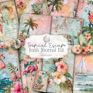 Kit de diario basura Tropical Escape / Páginas de álbum de recortes de flamencos / Imprimible de playa de verano / Efímeras vintage / Hojas de collage digital