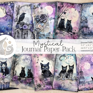 Pages de journaux indésirables | Kit de papier numérique pour Scrapbooking, corbeau, chat lune mystique | Téléchargement de chat noir | Imprimables sorcières | Fournitures pour journaux