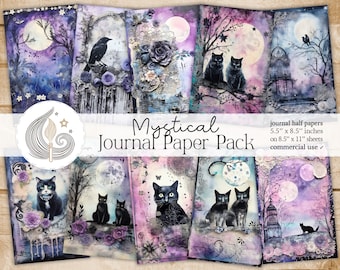 Mystical Junk Journal Pages: Night Forest Papers with Cats Moons and Layers