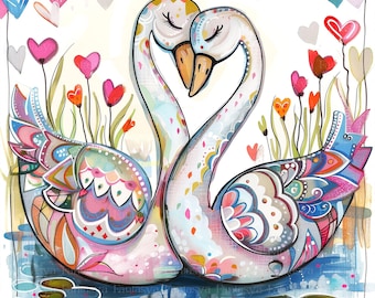 Whimsical Swan Couple Clip Art Pack: Colorful Romantic Love Swans, 14 Jpg Watercolor Images