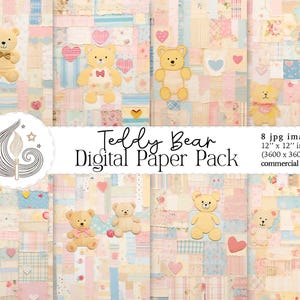 Teddy Bear Digital Paper Pack | Baby Shower Scrapbook Paper | Pastel Bear Backgrounds | Cute Baby Digital Papers | Patchwork Style