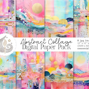 Könnte beinhalten: Eine Sammlung von acht digitalen abstrakten Collage-Bildern, jeweils 30,48 cm x 30,48 cm, mit einer lebendigen Mischung aus Farben wie Rosa, Blau, Gelb und Gold. Die Bilder haben einen Aquarell-Effekt mit Spritzern und geschichteten Texturen. Der Text "Abstract Collage Digital Paper Pack" ist ebenfalls sichtbar.