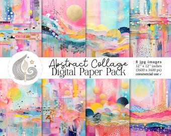 Paquete de papeles digitales para collage abstracto: fondos coloridos de técnica mixta con capas en tonos pastel y detalles dorados.