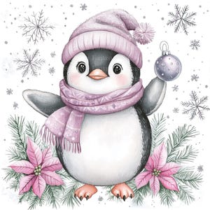 Puede incluir: Un ping&uuml;ino lindo con un gorro y una bufanda rosas sostiene un adorno navide&ntilde;o plateado. El ping&uuml;ino est&aacute; rodeado de copos de nieve y poinsettias.